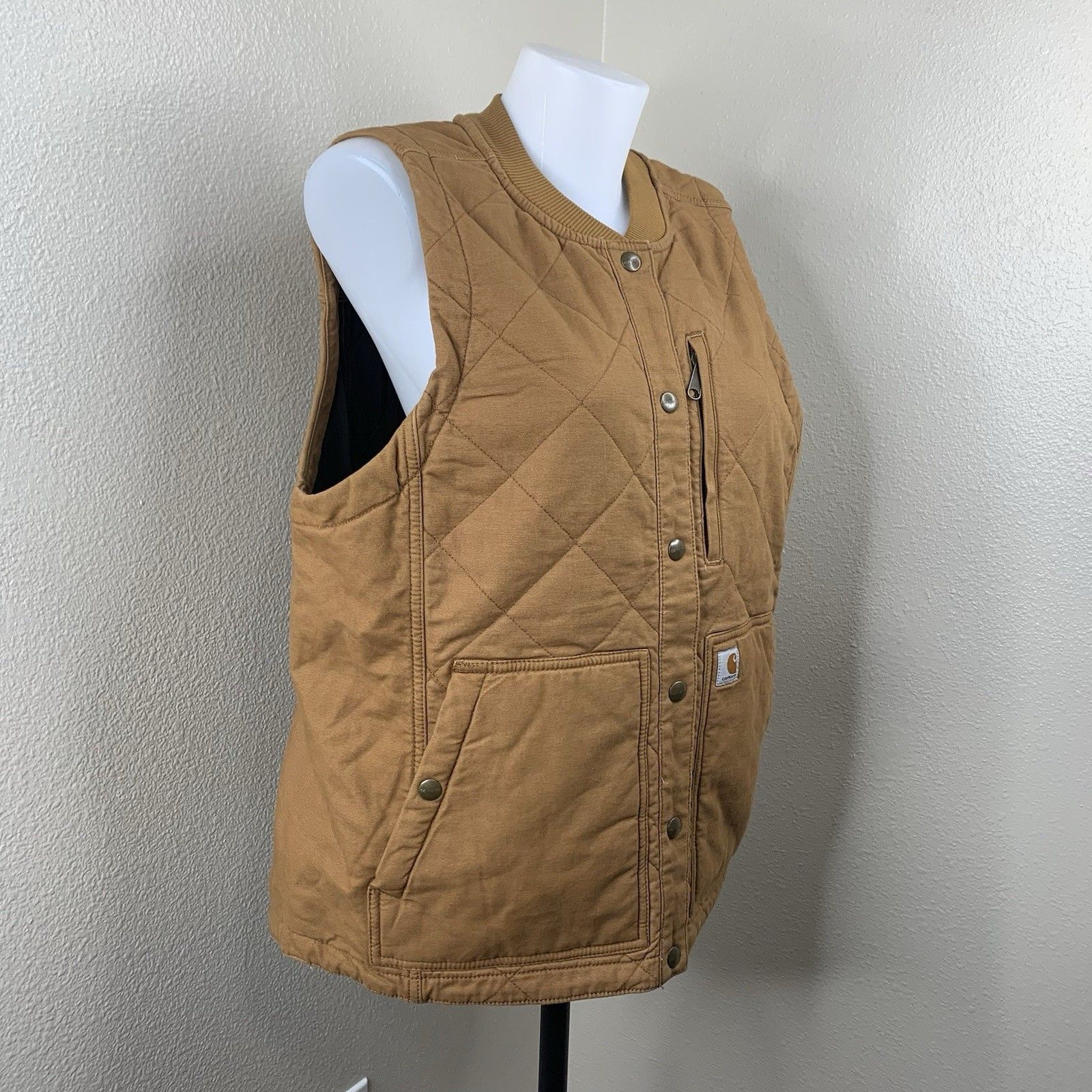 Carhartt “Rugged Flex”? Canvas Quilted Vest Brown Tan Women Sz Xl Snap Button